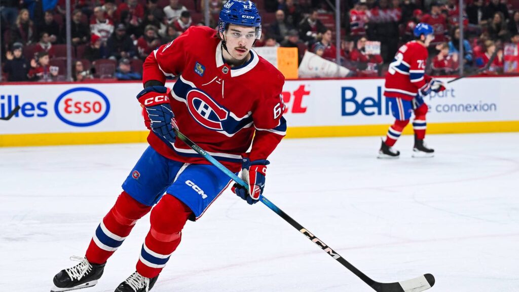 Dec 2, 2025; Montreal, Quebec, CAN; Montreal Canadiens left wing Florian Xhekaj (63) skates during warm-up before the game against the Ottawa Senators at Bell Centre. Mandatory Credit: David Kirouac-Imagn Images