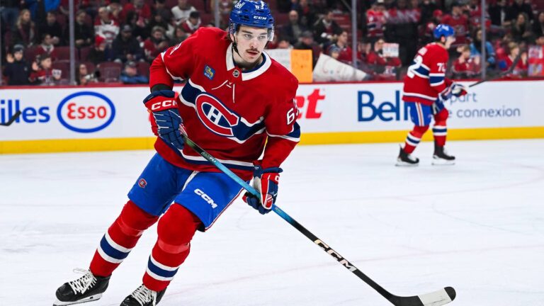 Dec 2, 2025; Montreal, Quebec, CAN; Montreal Canadiens left wing Florian Xhekaj (63) skates during warm-up before the game against the Ottawa Senators at Bell Centre. Mandatory Credit: David Kirouac-Imagn Images