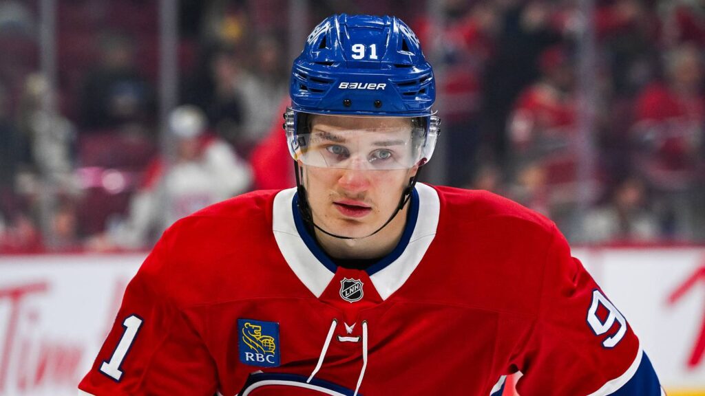 Nov 4, 2025; Montreal, Quebec, CAN; Montreal Canadiens center Oliver Kapanen (91) looks on during warm-up before the game against the Philadelphia Flyers at Bell Centre. Mandatory Credit: David Kirouac-Imagn Images