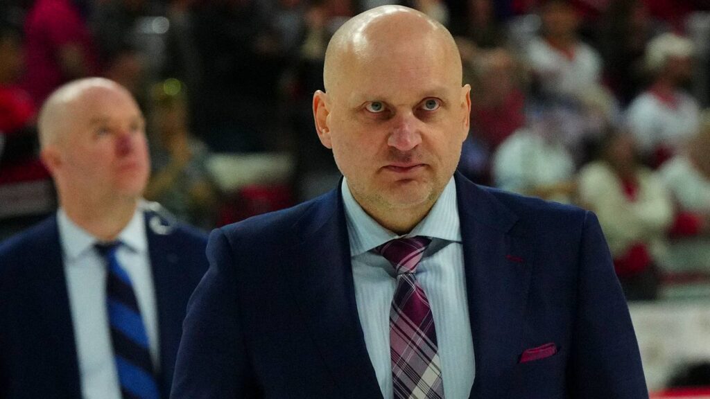 Apr 11, 2023; Raleigh, North Carolina, USA; Detroit Red Wings head coach Derek Lalonde comes off the ice after their loss to the Carolina Hurricanes at PNC Arena. Mandatory Credit: James Guillory-USA TODAY Sports