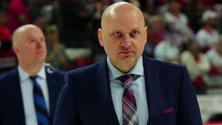 Apr 11, 2023; Raleigh, North Carolina, USA; Detroit Red Wings head coach Derek Lalonde comes off the ice after their loss to the Carolina Hurricanes at PNC Arena. Mandatory Credit: James Guillory-USA TODAY Sports