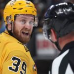 Apr 27, 2026; Pittsburgh, Pennsylvania, USA;  Pittsburgh Penguins right wing Anthony Mantha (39) reacts to the officials against the Philadelphia Flyers during the first period in game five of the first round of the 2026 Stanley Cup Playoffs at PPG Paints Arena. Mandatory Credit: Charles LeClaire-Imagn Images