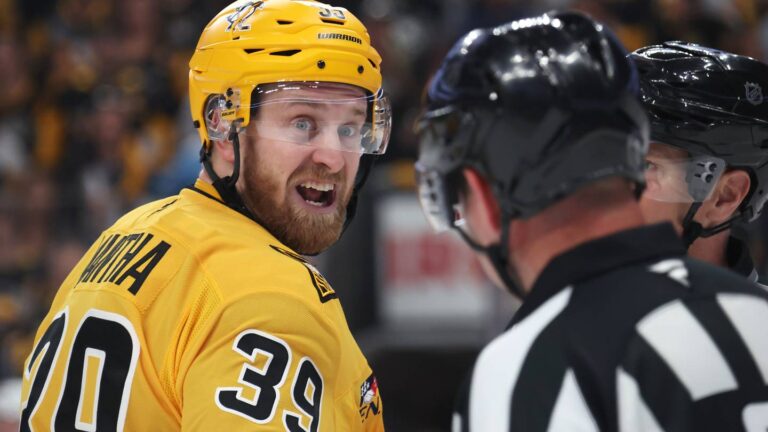 Apr 27, 2026; Pittsburgh, Pennsylvania, USA;  Pittsburgh Penguins right wing Anthony Mantha (39) reacts to the officials against the Philadelphia Flyers during the first period in game five of the first round of the 2026 Stanley Cup Playoffs at PPG Paints Arena. Mandatory Credit: Charles LeClaire-Imagn Images