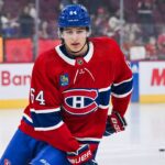 Sep 30, 2023; Montreal, Quebec, CAN; Montreal Canadiens defenseman David Reinbacher (64) looks on during warm-up before the game against the Toronto Maple Leafs at Bell Centre. Mandatory Credit: David Kirouac-USA TODAY Sports