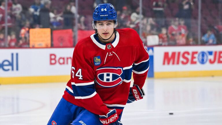 Sep 30, 2023; Montreal, Quebec, CAN; Montreal Canadiens defenseman David Reinbacher (64) looks on during warm-up before the game against the Toronto Maple Leafs at Bell Centre. Mandatory Credit: David Kirouac-USA TODAY Sports