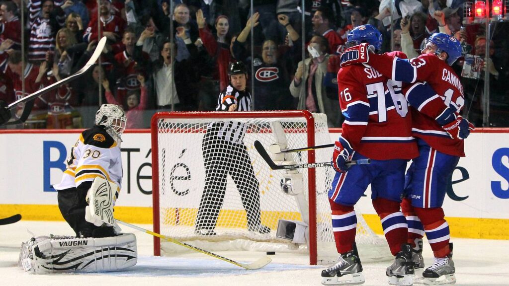 April 21, 2011; Montreal, Quebec, CANADA; Montreal Canadiens Michael Cammalleri (13) celebrates his goal against Boston Bruins goalie Tim Thomas with teammate P.K.Subban (76) during the second period of the First Round of the 2011 Stanley Cup Playoffs's game four at the Bell Center. Mandatory Credit: Jean-Yves Ahern-USA TODAY Sports