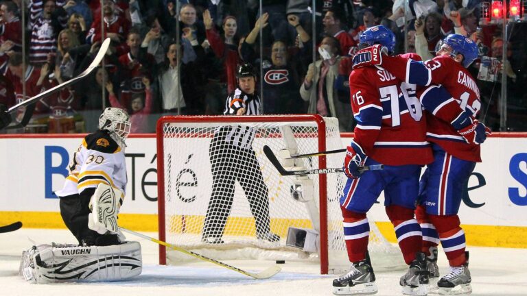 April 21, 2011; Montreal, Quebec, CANADA; Montreal Canadiens Michael Cammalleri (13) celebrates his goal against Boston Bruins goalie Tim Thomas with teammate P.K.Subban (76) during the second period of the First Round of the 2011 Stanley Cup Playoffs's game four at the Bell Center. Mandatory Credit: Jean-Yves Ahern-USA TODAY Sports
