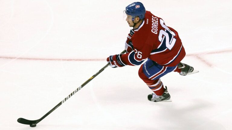 Sep 24, 2011; Montreal, QC, CAN; Montreal Canadiens defenseman Josh Gorges (26) skates with the puck against Ottawa Senators during the first period at the Bell Center. Mandatory Credit: Jean-Yves Ahern-USA TODAY Sports