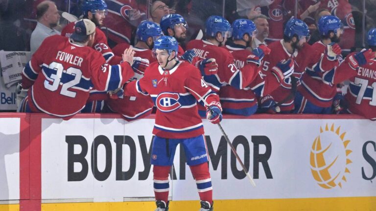 May 25, 2026; Montreal, Quebec, CAN; Montreal Canadiens defenseman Lane Hutson (48) celebrates with teammates after a goal during the second period against the Carolina Hurricanes in game three of the Eastern Conference Final of the 2026 Stanley Cup Playoffs at Bell Centre. Mandatory Credit: Eric Bolte-Imagn Images