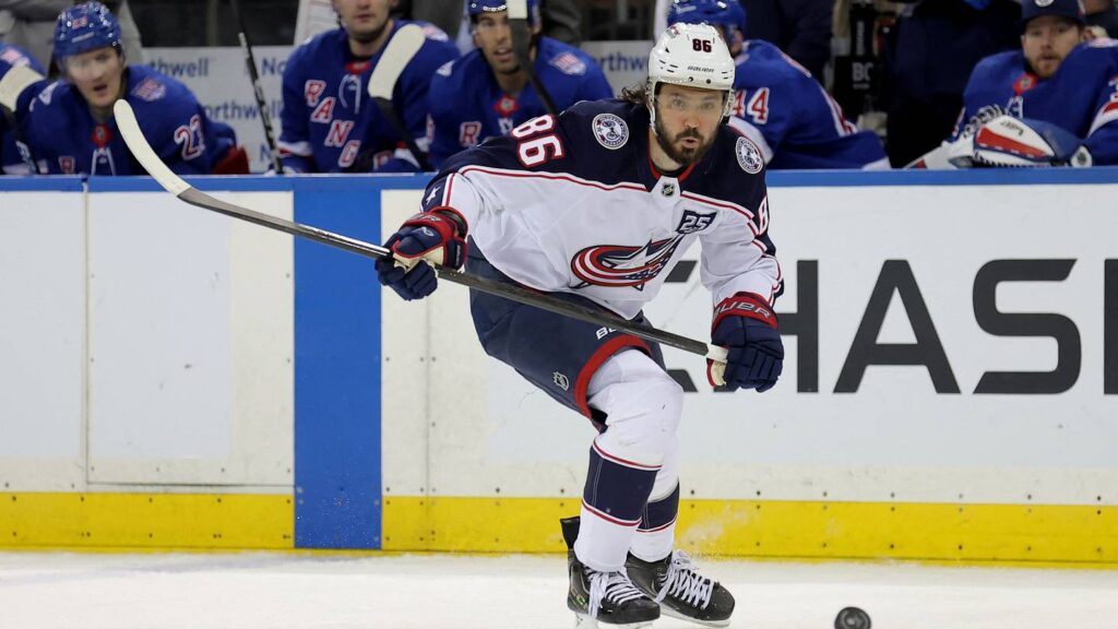 Mar 2, 2026; New York, New York, USA; Columbus Blue Jackets right wing Kirill Marchenko (86) plays the puck against the New York Rangers during the third period at Madison Square Garden. Mandatory Credit: Brad Penner-Imagn Images