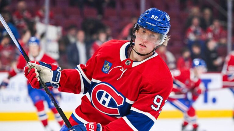 Oct 16, 2025; Montreal, Quebec, CAN; Montreal Canadiens right wing Patrik Laine (92) looks on during warm-up before the game against the Nashville Predators at Bell Centre. Mandatory Credit: David Kirouac-Imagn Images