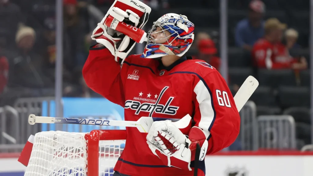 Washington Capitals goaltender Zach Fucale (60) takes a drink during the second period against Buffalo Sabres at Capital One Arena.