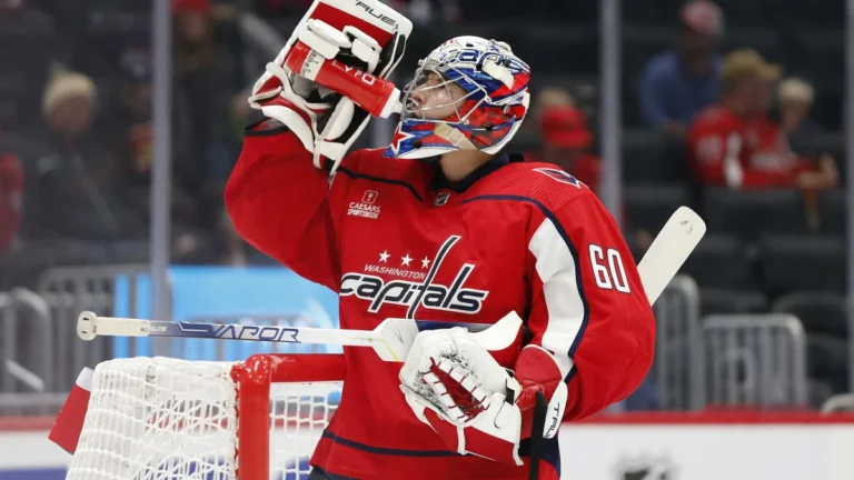 Washington Capitals goaltender Zach Fucale (60) takes a drink during the second period against Buffalo Sabres at Capital One Arena.