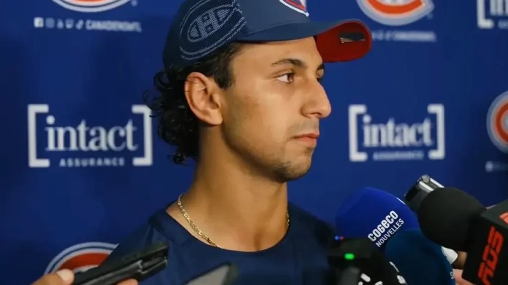 Montreal Canadiens prospect Michael Hage addresses the media.