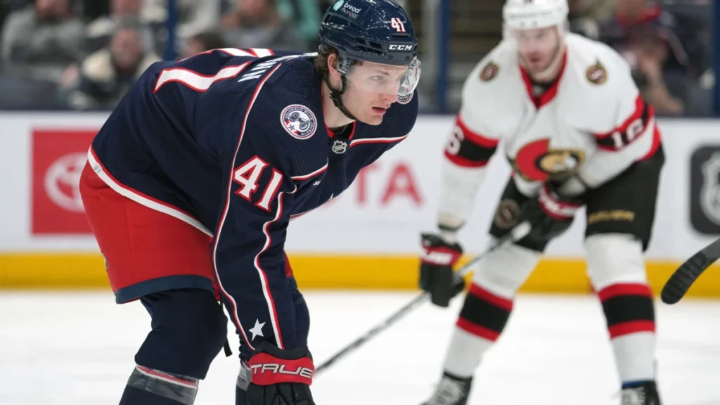 Columbus Blue Jackets center Hunter McKown (41) lines up for face-off during the first period against the Ottawa Senators at Nationwide Arena.