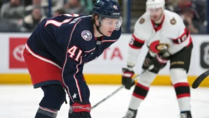 Columbus Blue Jackets center Hunter McKown (41) lines up for face-off during the first period against the Ottawa Senators at Nationwide Arena.