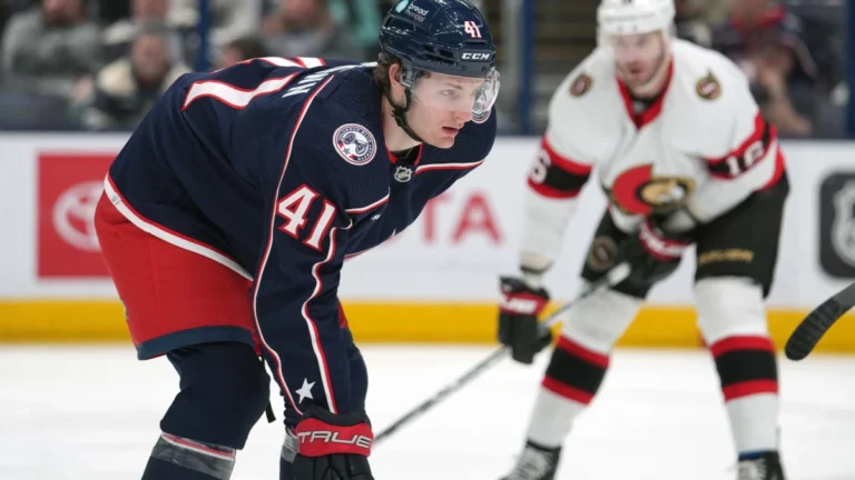 Columbus Blue Jackets center Hunter McKown (41) lines up for face-off during the first period against the Ottawa Senators at Nationwide Arena.