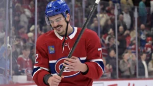 Montreal Canadiens defenseman Arber Xhekaj (72) celebrates the win against the Toronto Maple Leafs at the Bell Centre.