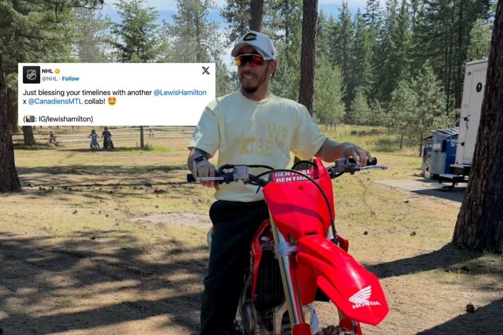 Lewis Hamilton wearing a Montreal Canadiens hat on a motorcycle in the woods.