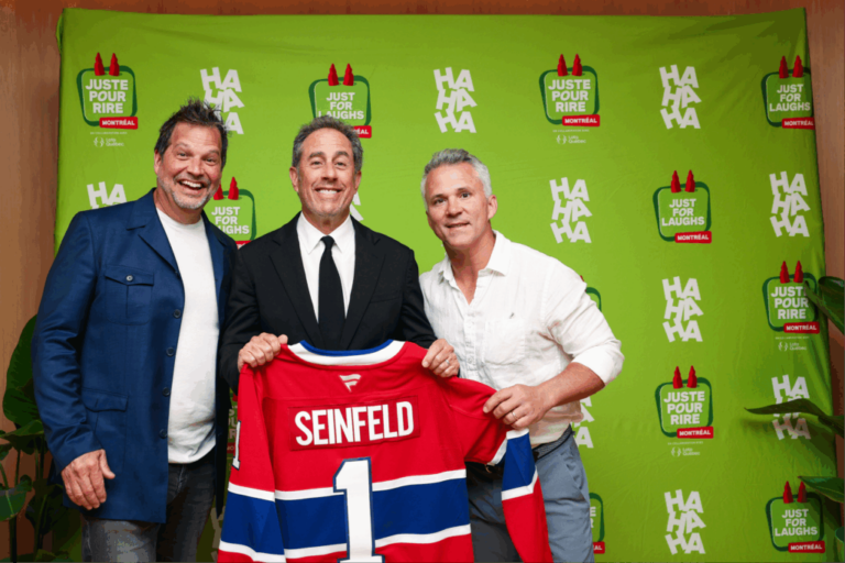Habs coach Martin St. Louis presents Jerry Seinfeld with jersey at Just For Laughs in Montreal