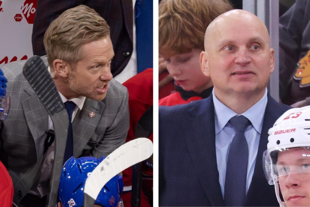 Two photos of men behind NHL benches.