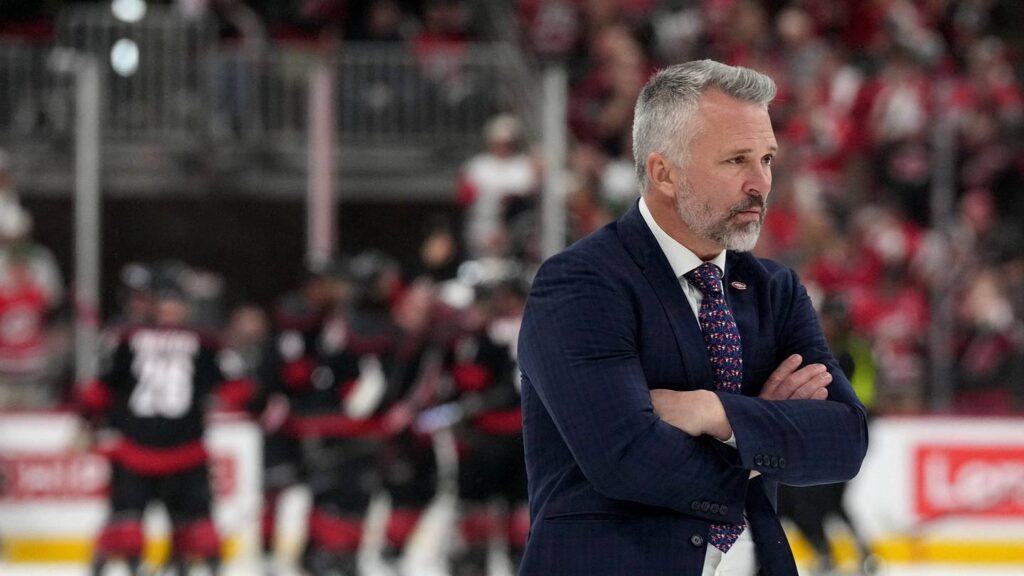 May 29, 2026; Raleigh, North Carolina, USA; Montreal Canadiens head coach Martin St. Louis reacts while walking on the ice after game five of the Eastern Conference Final of the 2026 Stanley Cup Playoffs against the Carolina Hurricanes at Lenovo Center. Mandatory Credit: James Guillory-Imagn Images