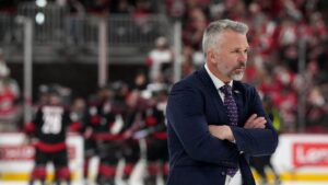 May 29, 2026; Raleigh, North Carolina, USA; Montreal Canadiens head coach Martin St. Louis reacts while walking on the ice after game five of the Eastern Conference Final of the 2026 Stanley Cup Playoffs against the Carolina Hurricanes at Lenovo Center. Mandatory Credit: James Guillory-Imagn Images