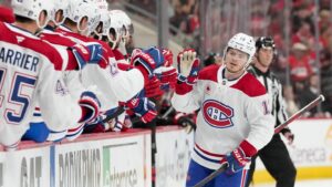 May 21, 2026; Raleigh, North Carolina, USA; Montreal Canadiens right wing Cole Caufield (13) celebrates with teammates after scoring a goal against the Carolina Hurricanes during the first period in game one of the Eastern Conferene Final of the 2026 Stanley Cup Playoffs at Lenovo Center. Mandatory Credit: James Guillory-Imagn Images