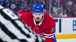 May 10, 2026; Montreal, Quebec, CAN; Montreal Canadiens defenseman Arber Xhekaj (72) prepares for a face-off against the Buffalo Sabres during the third period in game three of the second round of the 2026 Stanley Cup Playoffs at the Bell Centre. Mandatory Credit: Eric Bolte-Imagn Images