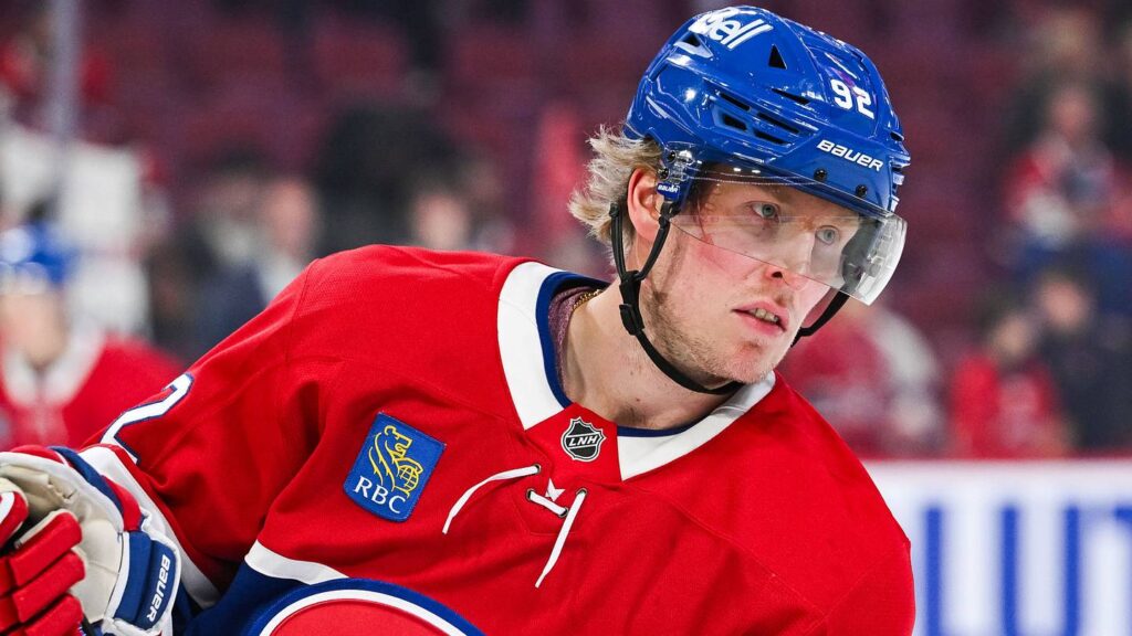 Oct 16, 2025; Montreal, Quebec, CAN; Montreal Canadiens right wing Patrik Laine (92) looks on during warm-up before the game against the Nashville Predators at Bell Centre. Mandatory Credit: David Kirouac-Imagn Images