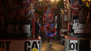 May 27, 2026; Montreal, Quebec, CAN; Montreal Canadiens center Alex Newhook (15) takes the ice before game four of the Eastern Conference Final of the 2026 Stanley Cup Playoffs at Bell Centre. Mandatory Credit: Eric Bolte-Imagn Images
