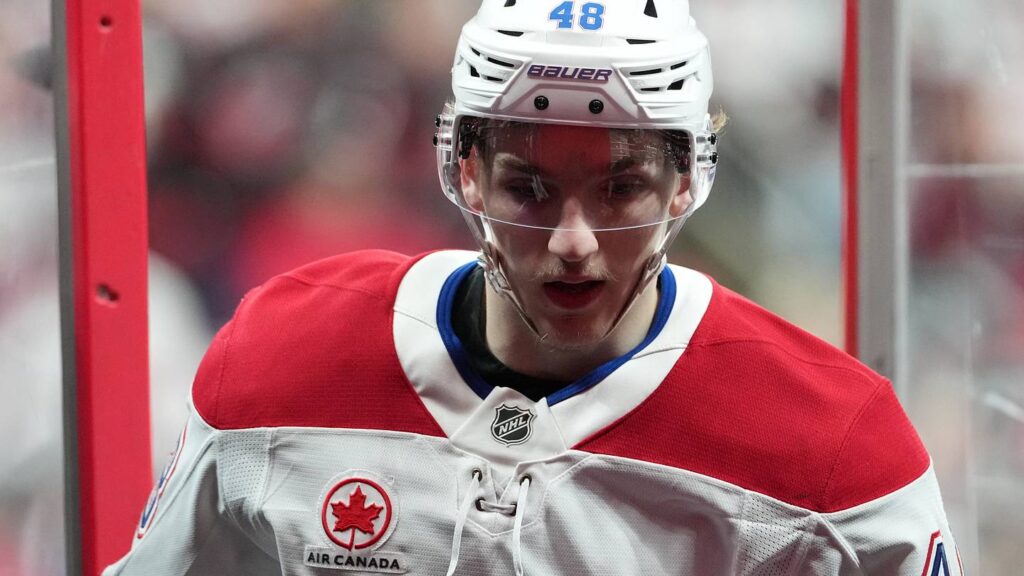May 23, 2026; Raleigh, North Carolina, USA; Montréal Canadiens defenseman Lane Hutson (48) leaves the ice after warms up before a game against the before the game against the Carolina Hurricanes in game two of the Eastern Conferene Final of the 2026 Stanley Cup Playoffs at Lenovo Center. Mandatory Credit: James Guillory-Imagn Images
