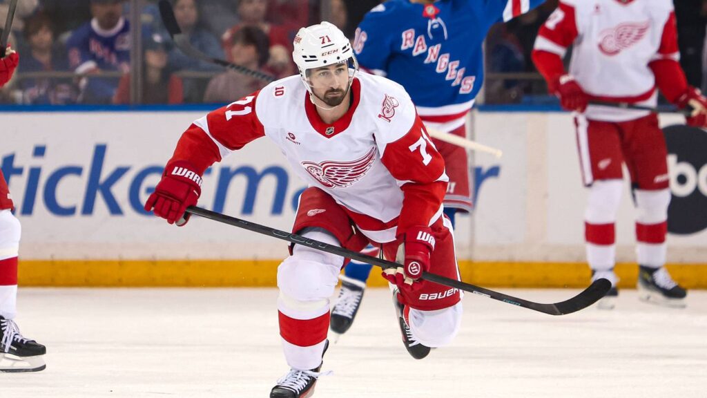 Apr 4, 2026; New York, New York, USA; Detroit Red Wings center Dylan Larkin (71) skates up ice against the New York Rangers during the first period at Madison Square Garden. Mandatory Credit: Danny Wild-Imagn Images