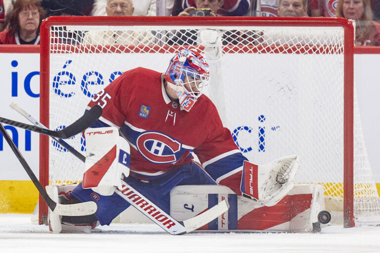 Canadiens' Samuel Montembeault makes a save on an Ottawa Senators' shot during first period in Montreal on Dec. 2, 2025.