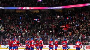 The Montreal Canadiens salute the fans at center ice and celebrate a victory against the Edmonton Oilers at the Bell Centre on November 18, 2024 in Montreal, Quebec, Canada. The Montreal Canadiens defeated the Edmonton Oilers 3-0.