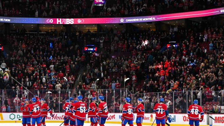 The Montreal Canadiens salute the fans at center ice and celebrate a victory against the Edmonton Oilers at the Bell Centre on November 18, 2024 in Montreal, Quebec, Canada. The Montreal Canadiens defeated the Edmonton Oilers 3-0.