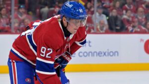 Oct 14, 2025; Montreal, Quebec, CAN; Montreal Canadiens forward Patrik Laine (92) prepares for a face off against the Seattle Kraken during the first period at the Bell Centre. Mandatory Credit: Eric Bolte-Imagn Images