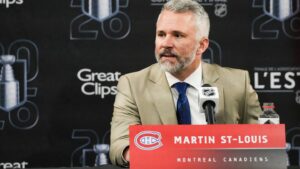 May 23, 2026; Raleigh, North Carolina, USA; Montréal Canadiens head coach Martin St. Louis speaks after the game against the Carolina Hurricanes in game two of the Eastern Conferene Final of the 2026 Stanley Cup Playoffs at Lenovo Center. Mandatory Credit: James Guillory-Imagn Images