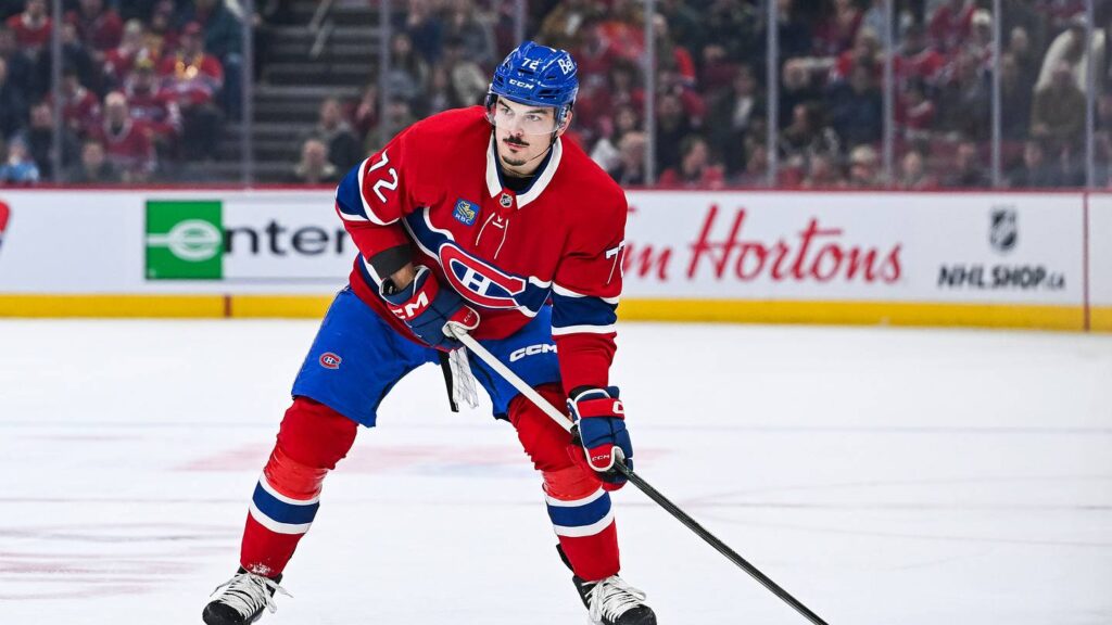 Mar 15, 2026; Montreal, Quebec, CAN; Montreal Canadiens defenseman Arber Xhekaj (72) plays the puck against the Anaheim Ducks during the first period at Bell Centre. Mandatory Credit: David Kirouac-Imagn Images
