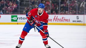Mar 15, 2026; Montreal, Quebec, CAN; Montreal Canadiens defenseman Arber Xhekaj (72) plays the puck against the Anaheim Ducks during the first period at Bell Centre. Mandatory Credit: David Kirouac-Imagn Images