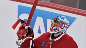 May 27, 2026; Montreal, Quebec, CAN; Montreal Canadiens goaltender Jakub Dobes (75) reacts against the Carolina Hurricanes during the third period in game four of the Eastern Conference Final of the 2026 Stanley Cup Playoffs at Bell Centre. Mandatory Credit: Eric Bolte-Imagn Images