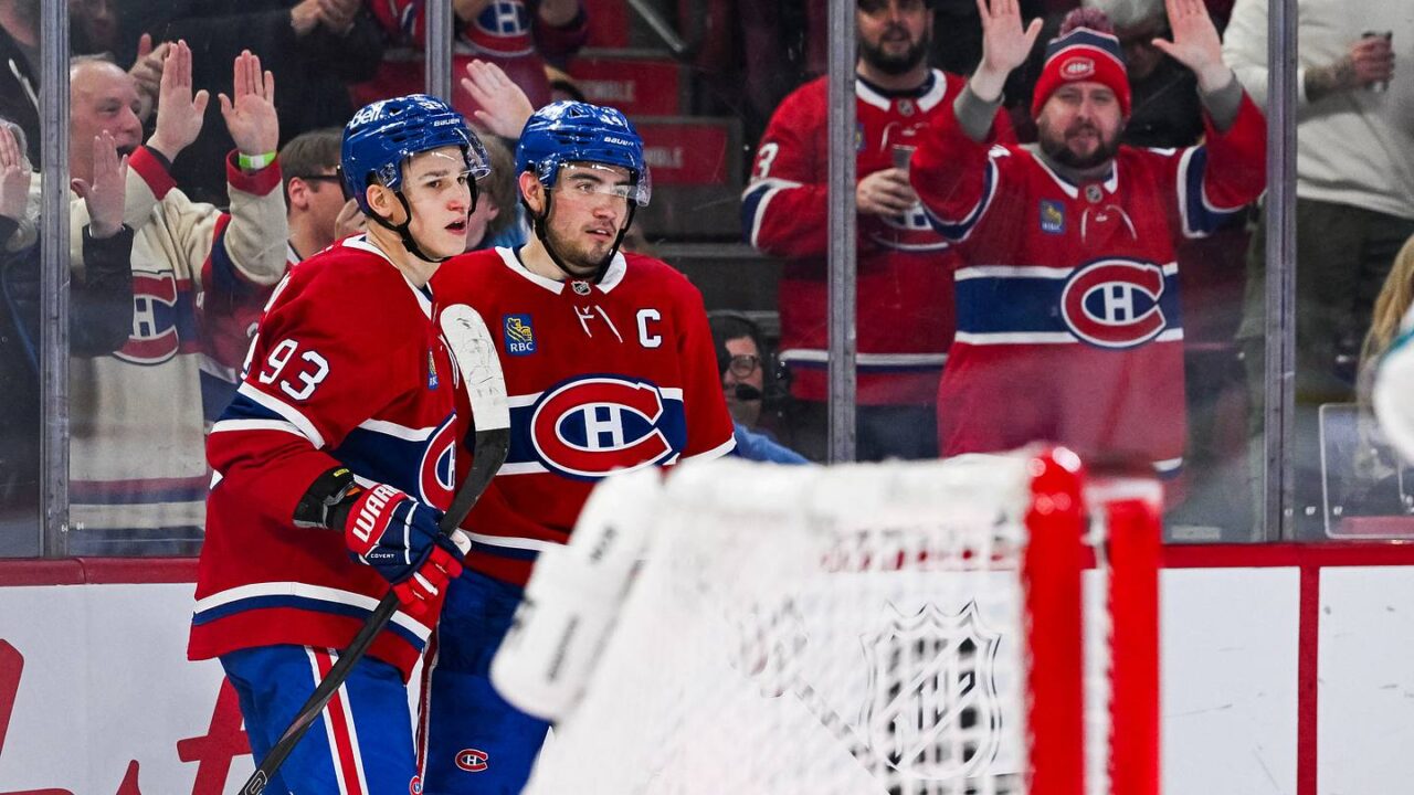 Mar 14, 2026; Montreal, Quebec, CAN; Montreal Canadiens center Nick Suzuki (14) celebrates with right wing Ivan Demidov (93) his goal against the San Jose Sharks during the second period at Bell Centre. Mandatory Credit: David Kirouac-Imagn Images