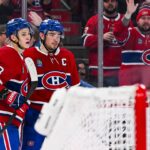 Mar 14, 2026; Montreal, Quebec, CAN; Montreal Canadiens center Nick Suzuki (14) celebrates with right wing Ivan Demidov (93) his goal against the San Jose Sharks during the second period at Bell Centre. Mandatory Credit: David Kirouac-Imagn Images