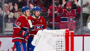 Mar 14, 2026; Montreal, Quebec, CAN; Montreal Canadiens center Nick Suzuki (14) celebrates with right wing Ivan Demidov (93) his goal against the San Jose Sharks during the second period at Bell Centre. Mandatory Credit: David Kirouac-Imagn Images