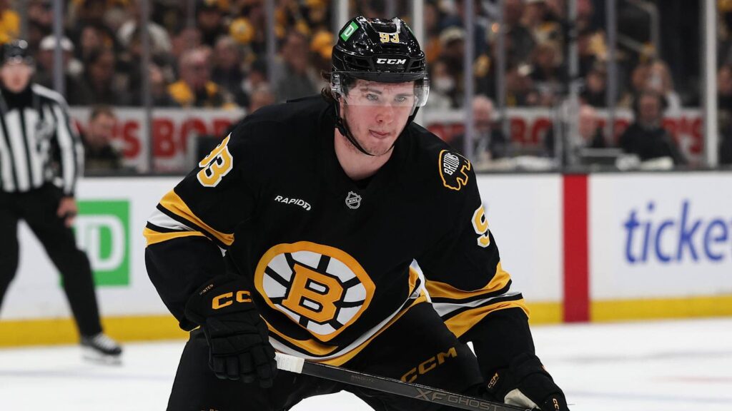 May 1, 2026; Boston, Massachusetts, USA; Boston Bruins center Fraser Minten (93) during the first period of game six of the first round of the 2026 Stanley Cup Playoffs against the Buffalo Sabres at TD Garden. Mandatory Credit: Winslow Townson-Imagn Images