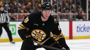 May 1, 2026; Boston, Massachusetts, USA; Boston Bruins center Fraser Minten (93) during the first period of game six of the first round of the 2026 Stanley Cup Playoffs against the Buffalo Sabres at TD Garden. Mandatory Credit: Winslow Townson-Imagn Images
