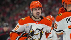 Jan 8, 2026; Raleigh, North Carolina, USA;  Anaheim Ducks left wing Chris Kreider (20) looks on against the Carolina Hurricanes during the third period at Lenovo Center. Mandatory Credit: James Guillory-Imagn Images