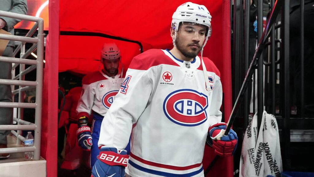 May 29, 2026; Raleigh, North Carolina, USA; Montreal Canadiens center Nick Suzuki (14) walks to the ice for warmups before game five of the Eastern Conference Final of the 2026 Stanley Cup Playoffs against the Carolina Hurricanes at Lenovo Center. Mandatory Credit: James Guillory-Imagn Images
