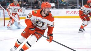 Oct 11, 2025; San Jose, California, USA; Anaheim Ducks left wing Chris Kreider (20) during the second period against the San Jose Sharks at SAP Center at San Jose. Mandatory Credit: Darren Yamashita-Imagn Images