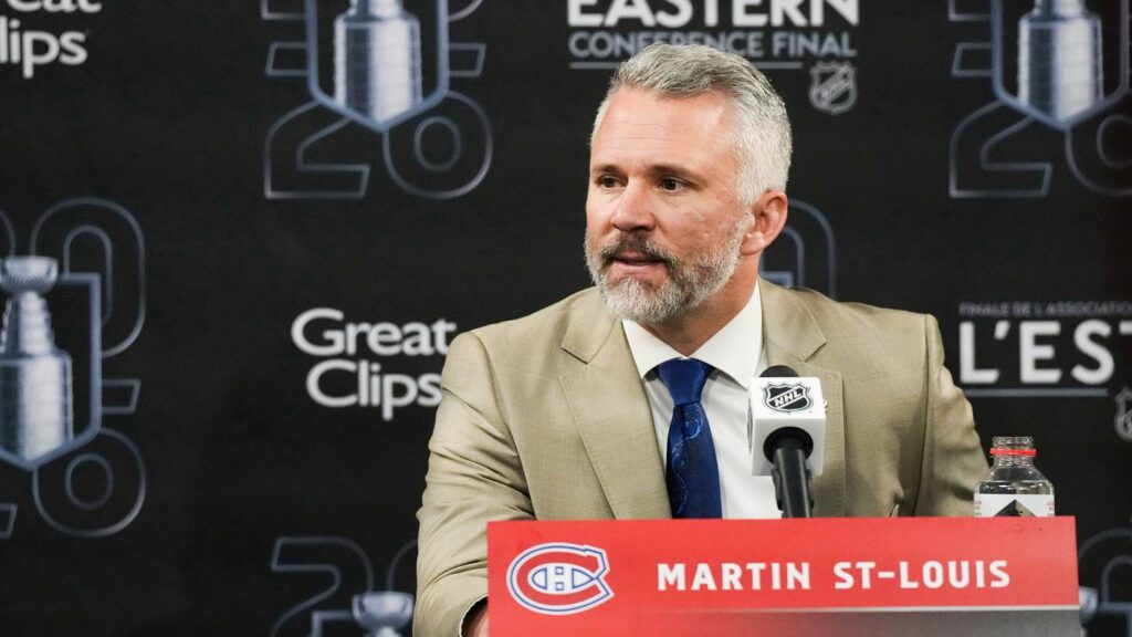 May 23, 2026; Raleigh, North Carolina, USA; Montréal Canadiens head coach Martin St. Louis speaks after the game against the Carolina Hurricanes in game two of the Eastern Conferene Final of the 2026 Stanley Cup Playoffs at Lenovo Center. Mandatory Credit: James Guillory-Imagn Images